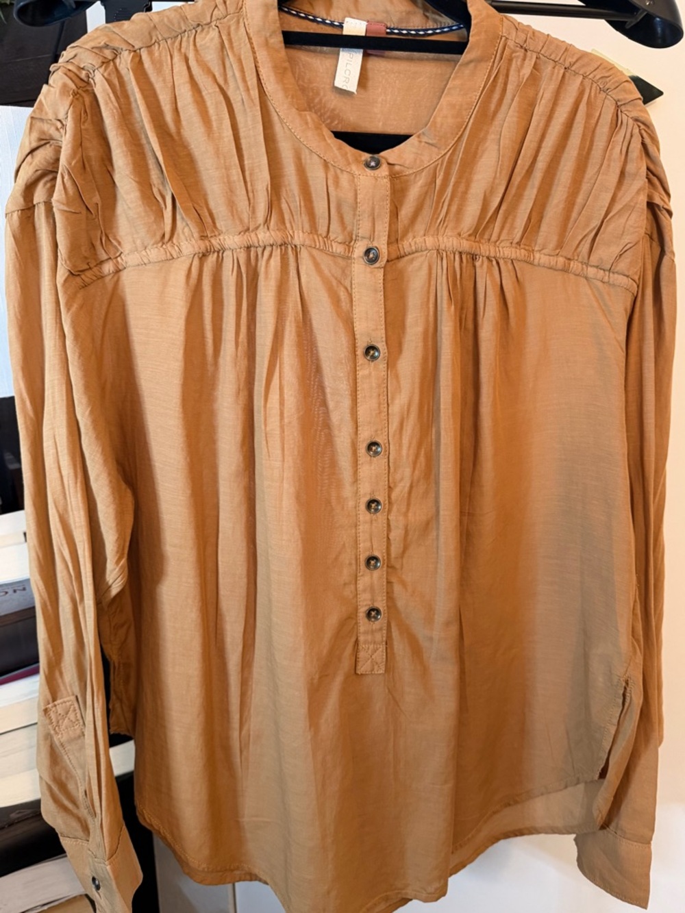 Pilcro Gathered Lightweight Yoke Button-Front Blouse Mustard Size S Cotton Blend - Picture 3 of 10